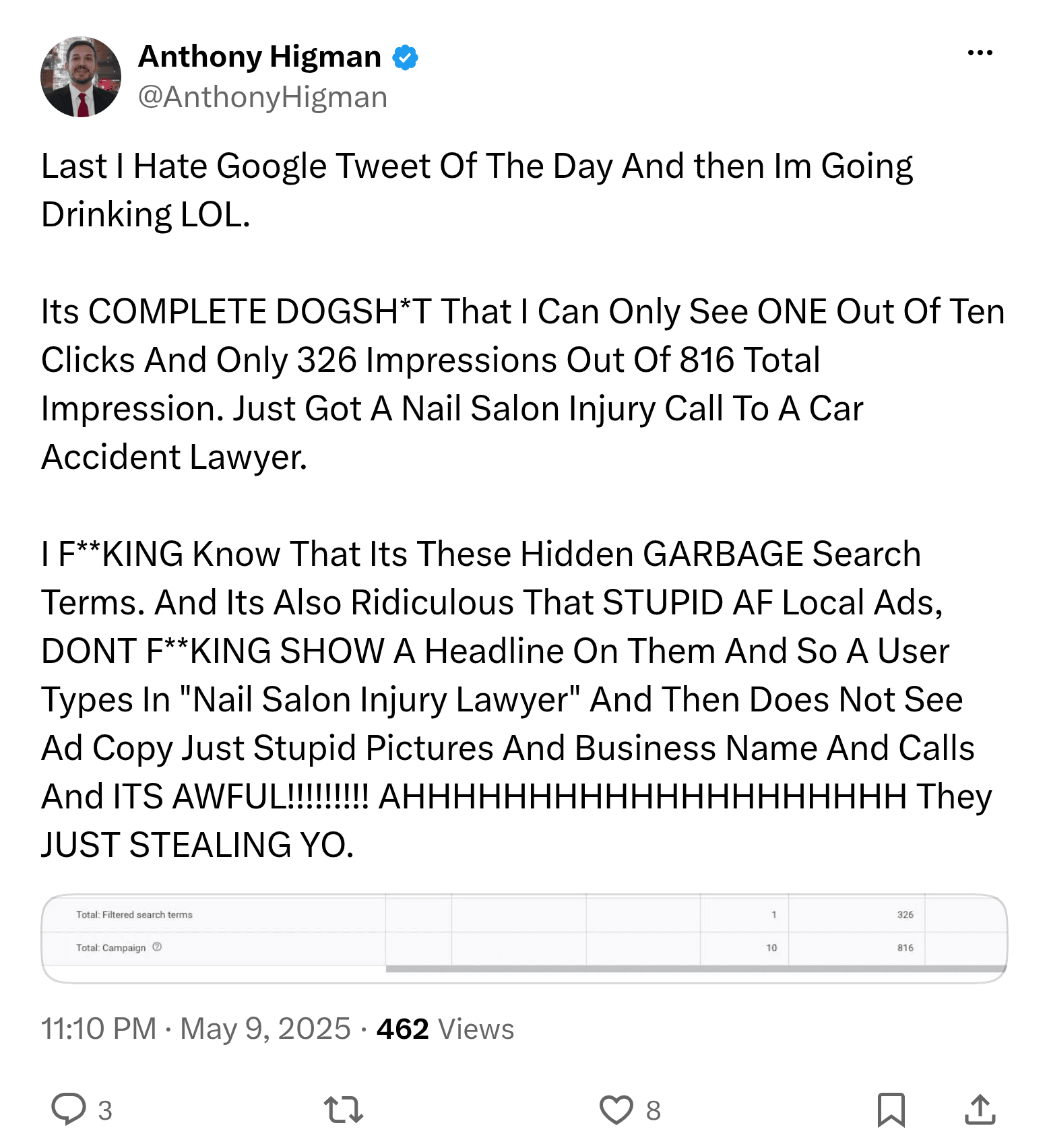 Post on X by @AnthonyHigman: … Just Got A Nail Salon Injury Call To A Car Accident Lawyer. I F**KING Know That Its These Hidden GARBAGE Search Terms. …
