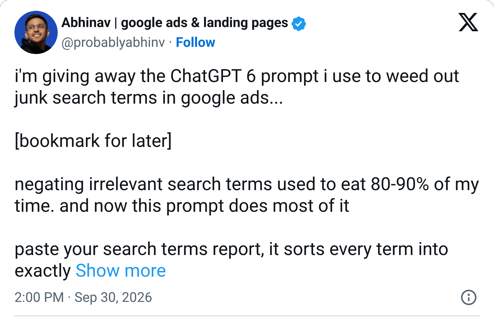 Post on X by @probablyabhinv: negating irrelevant search terms used to eat 80-90% of my time. … mine is "where there is a will there is a way" - i was running wills and p…